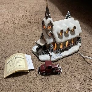 Thomas Kinkade’s Village “Light of Hope Church” and “Red Car” with COA